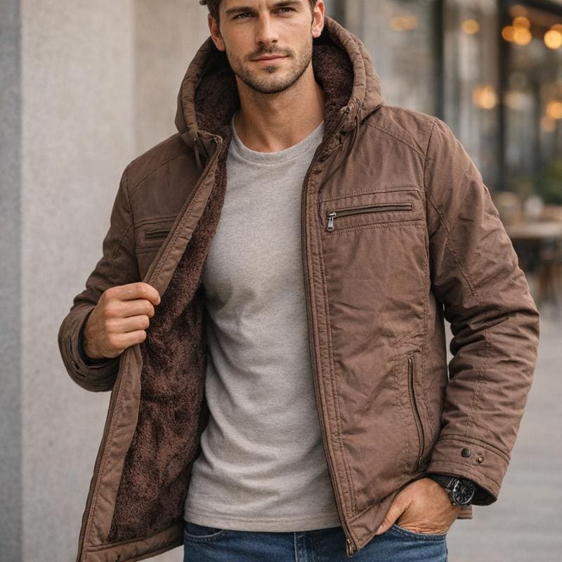 Jaqueta Masculina Sarja Casaco Com Capuz E Bolsos Forrada